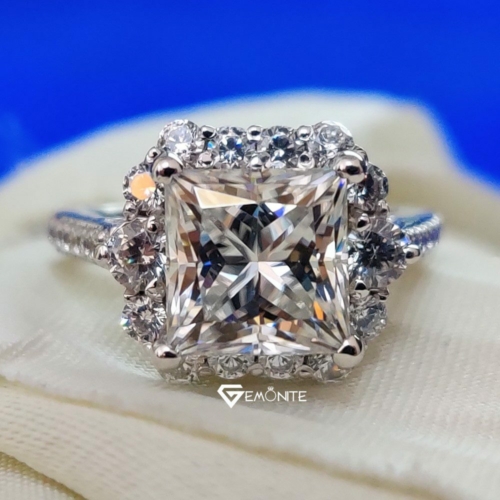 Princess Cut Halo Moissanite Engagement Ring, 4.50 Tcw Designer Wedding Ring, Art Deco Celebrity Ring Princess Cut Halo Moissanite Engagement Ring, 4.50 Tcw Designer Wedding Ring, Art Deco Celebrity Ring