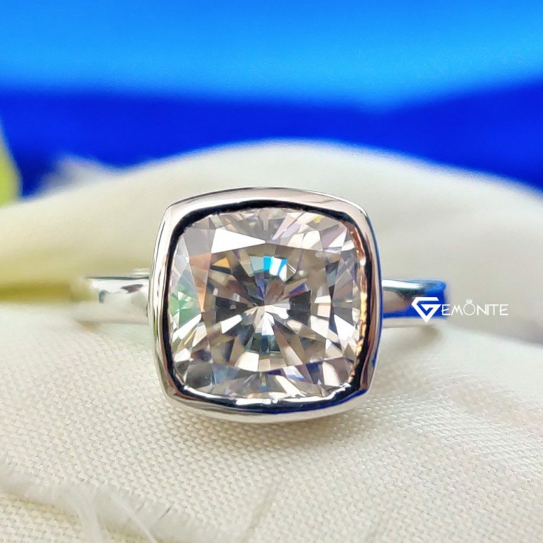 Bezel Cushion Moissanite Engagement Ring, 3.50 Ct VVS Colorless Simple Charm Wedding Ring