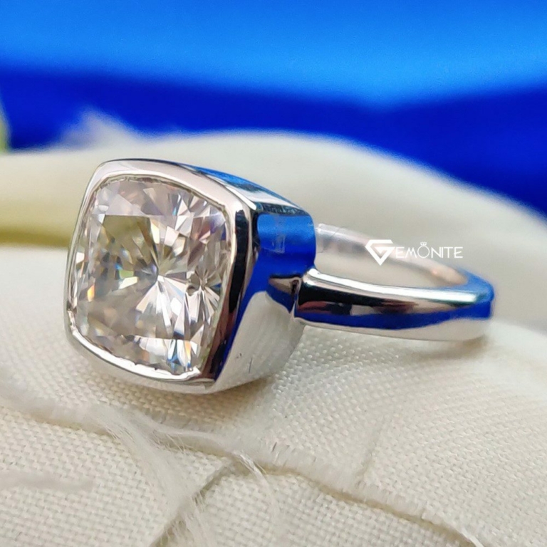 Bezel Cushion Moissanite Engagement Ring, 3.50 Ct VVS Colorless Simple Charm Wedding Ring