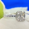 Cushion Cut Solitaire Moissanite Ring, 3.0 Tcw Accent Stone Engagement Ring, Dual Claw Prong Wedding Ring for Women