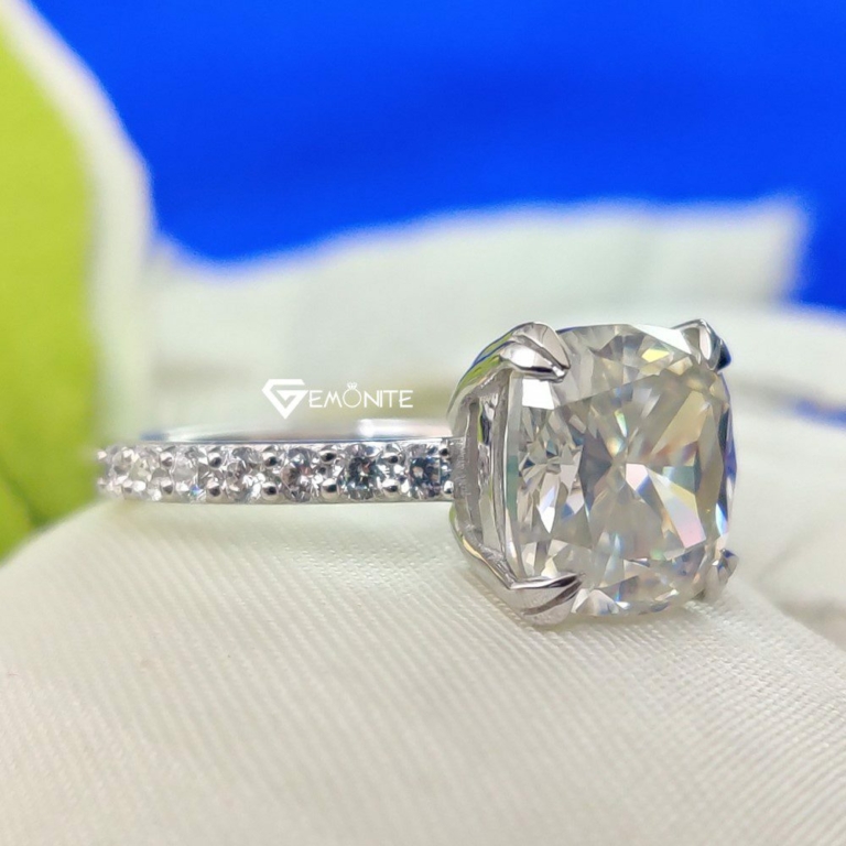Cushion Cut Solitaire Moissanite Ring, 3.0 Tcw Accent Stone Engagement Ring, Dual Claw Prong Wedding Ring for Women