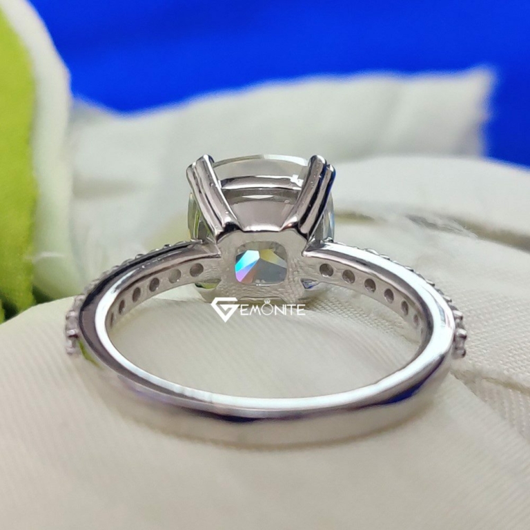 Cushion Cut Solitaire Moissanite Ring, 3.0 Tcw Accent Stone Engagement Ring, Dual Claw Prong Wedding Ring for Women