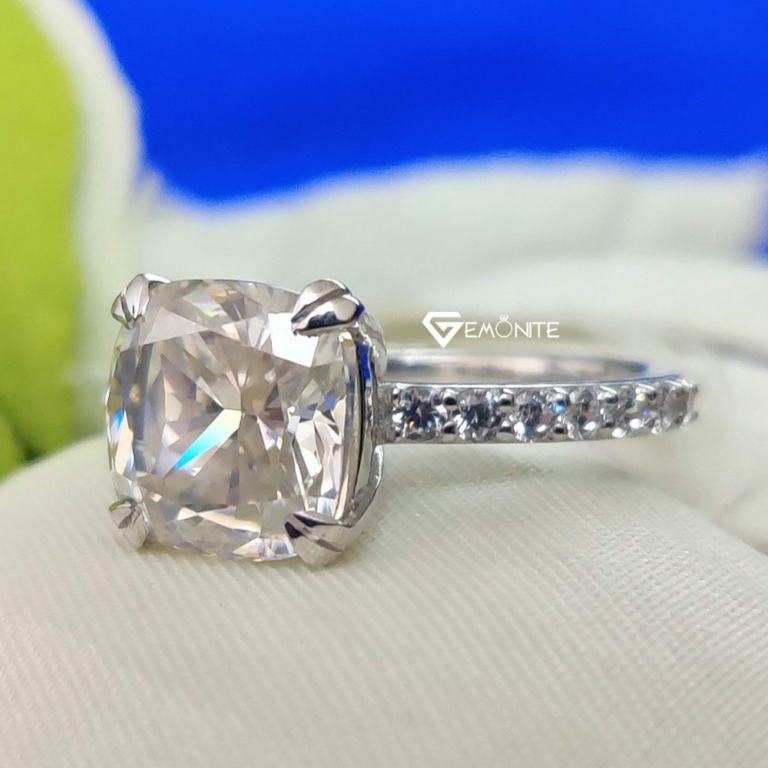 Cushion Cut Solitaire Moissanite Ring, 3.0 Tcw Accent Stone Engagement Ring, Dual Claw Prong Wedding Ring for Women