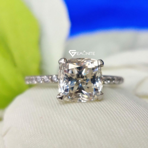 Solitaire Moissanite Ring, 2.0 Tcw Cushion Cut Engagement Ring, Half Eternity Ring for Birthday, Gift, Promise