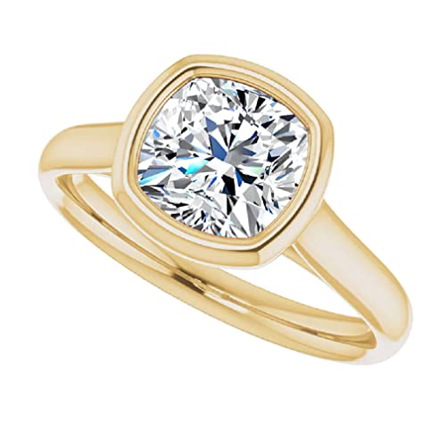 3.0 CT Cushion Colorless Moissanite Engagement Ring, Wedding Bridal Ring, Eternity Solid 10K Yellow Gold Diamond Solitaire Bezel-Setting Anniversary Promises Gift for Her