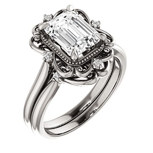 2 CT Emerald Cut VVS1 Colorless Moissanite Engagement Ring Set, Wedding/Bridal Ring Set, Sterling Silver Vintage Antique Anniversary Promise Ring Set Gift for Her
