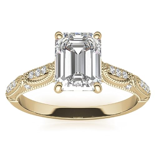 Petite Halo Vine Moissanite Diamond Ring Set, 1 Carat Emerald Moissanite Engagement Ring Set, Wedding Ring Set, Bridal Ring, Anniversary/Promise Rings for Wife