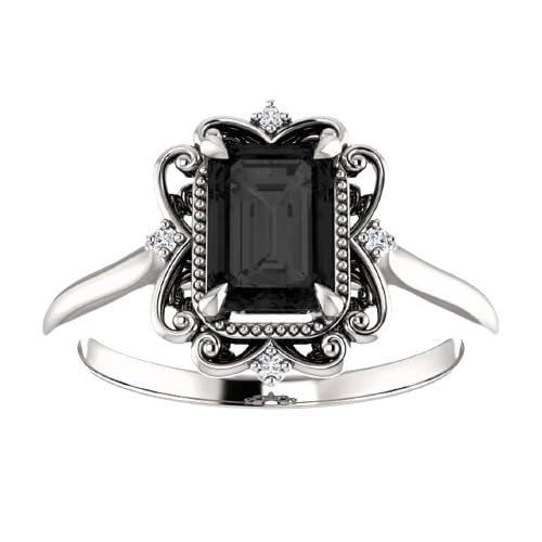 Vintage Inspired 1 CT Emerald Black Onyx Engagement Ring 10K White Gold, Victorian Emerald Black Diamond Ring, Black Antique Ring, Filigree Ring, Diamond Wedding Ring