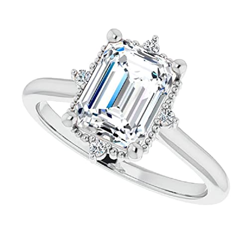 10K Solid White Gold Handmade Engagement Rings 2.0 CT Emerald Cut Moissanite Diamond Solitaire Wedding/Bridal Ring for Womens/Her Propose Ring