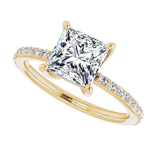 10K Solid Yellow Gold Handmade Engagement Rings 2.0 CT Princess Cut Moissanite Diamond Solitaire Wedding/Bridal Ring Set for Women/Her Propose Ring