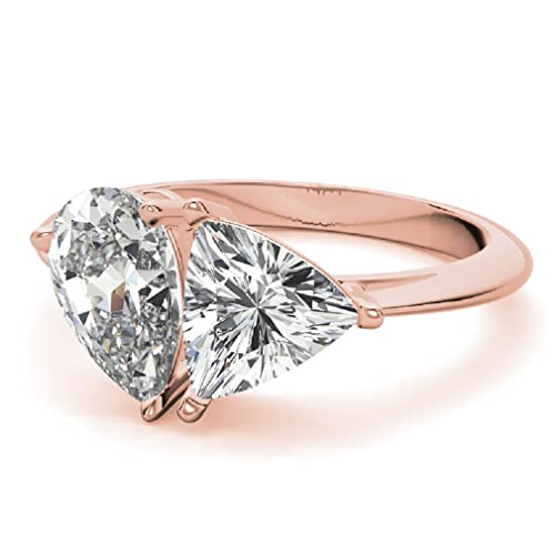 14K Solid Rose Gold Handmade Engagement Rings 6.0 CT Pear & Trillion Manual Cut Premium Simulated Diamond Solitaire Wedding/Bridal Ring Set for Women/Her Propose Rings