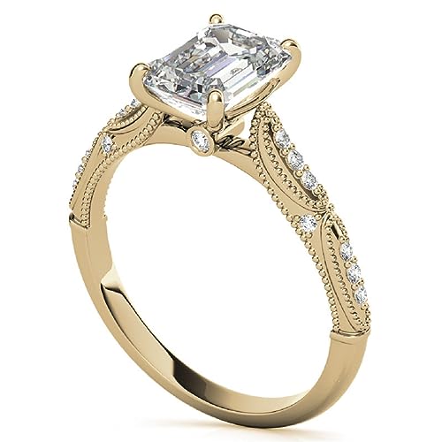 Petite Halo Vine Moissanite Diamond Ring Set, 1 Carat Emerald Moissanite Engagement Ring Set, Wedding Ring Set, Bridal Ring, Anniversary/Promise Rings for Wife