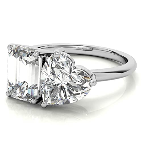10K Solid White Gold Handmade Engagement Rings 3.0 CT Emerald,Heart Cut Moissanite Diamond Solitaire Wedding/Bridal Ring Set for Women/Her Propose Rings