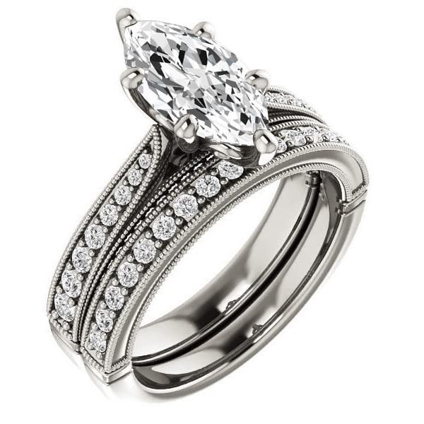 Silver/Solid Gold Moissanite Wedding Set Marquise Cut Engagement Ring Solitaire Wedding Ring Promise Gifts For Her 3 Carat Milgrain Engagement Ring