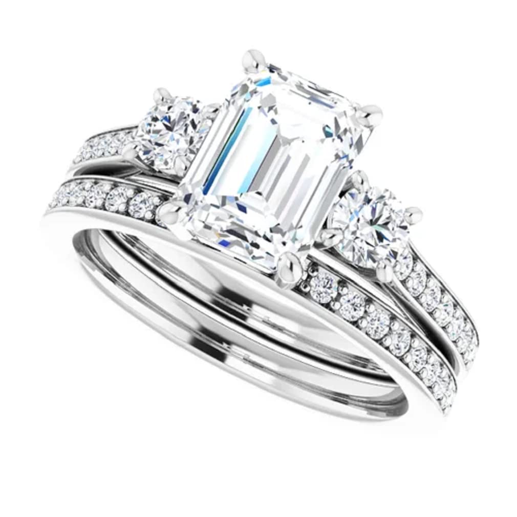 1 Ct Emerald Cut Engagement Ring Silver/Solid Gold Wedding Rings Set for Women Promise Gifts for Her Moissanite Three Stone Ring