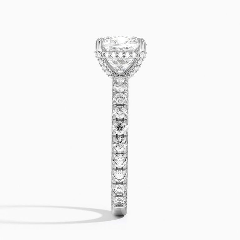 Solitaire Cushion Cut Lab Grown Diamond Hidden Halo Pave Engagement Ring for Women