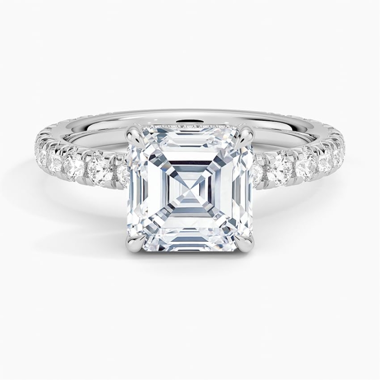 Solitaire Asscher Cut Lab Grown Diamond Hidden Halo Pave Engagement Ring for Women Solitaire Asscher Cut Lab Grown Diamond Hidden Halo Pave Engagement Ring for Women