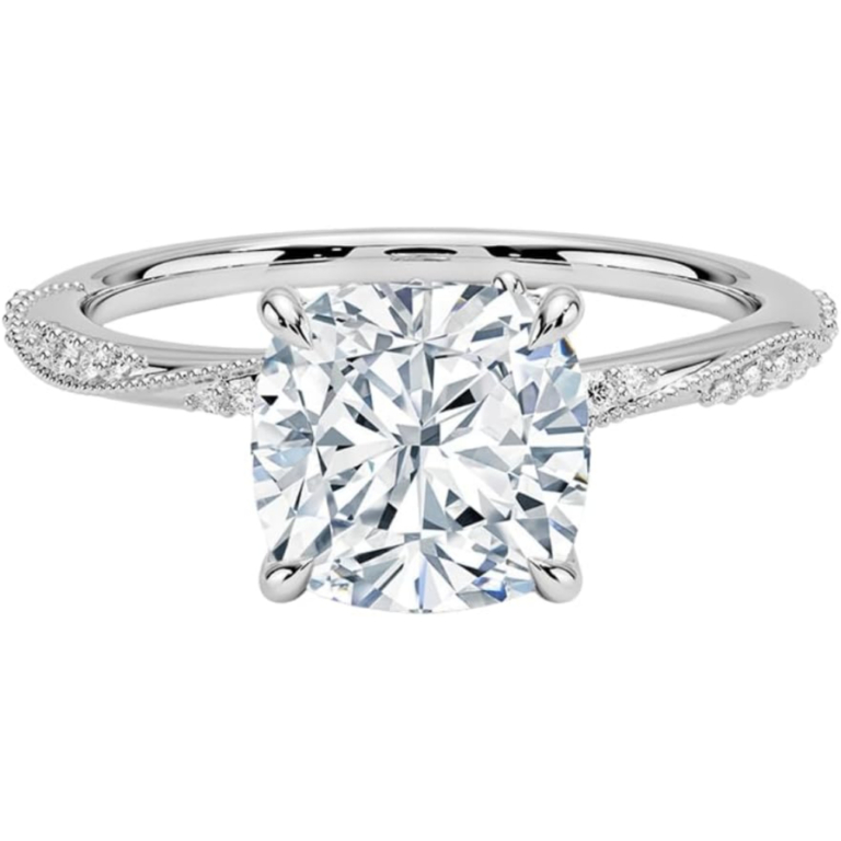 Solitaire Cushion Cut Lab Grown Diamond Pave Engagement Ring for Women