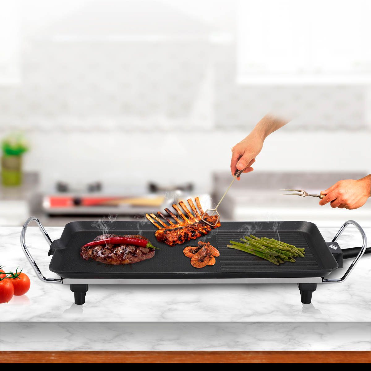 Plancha de asar eléctrica para carne y verduras, lisa y grill de 1500W