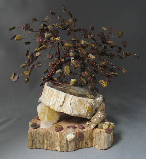 67 tiger eye leaves on a petrified wood base Gem Tree Art by Larry