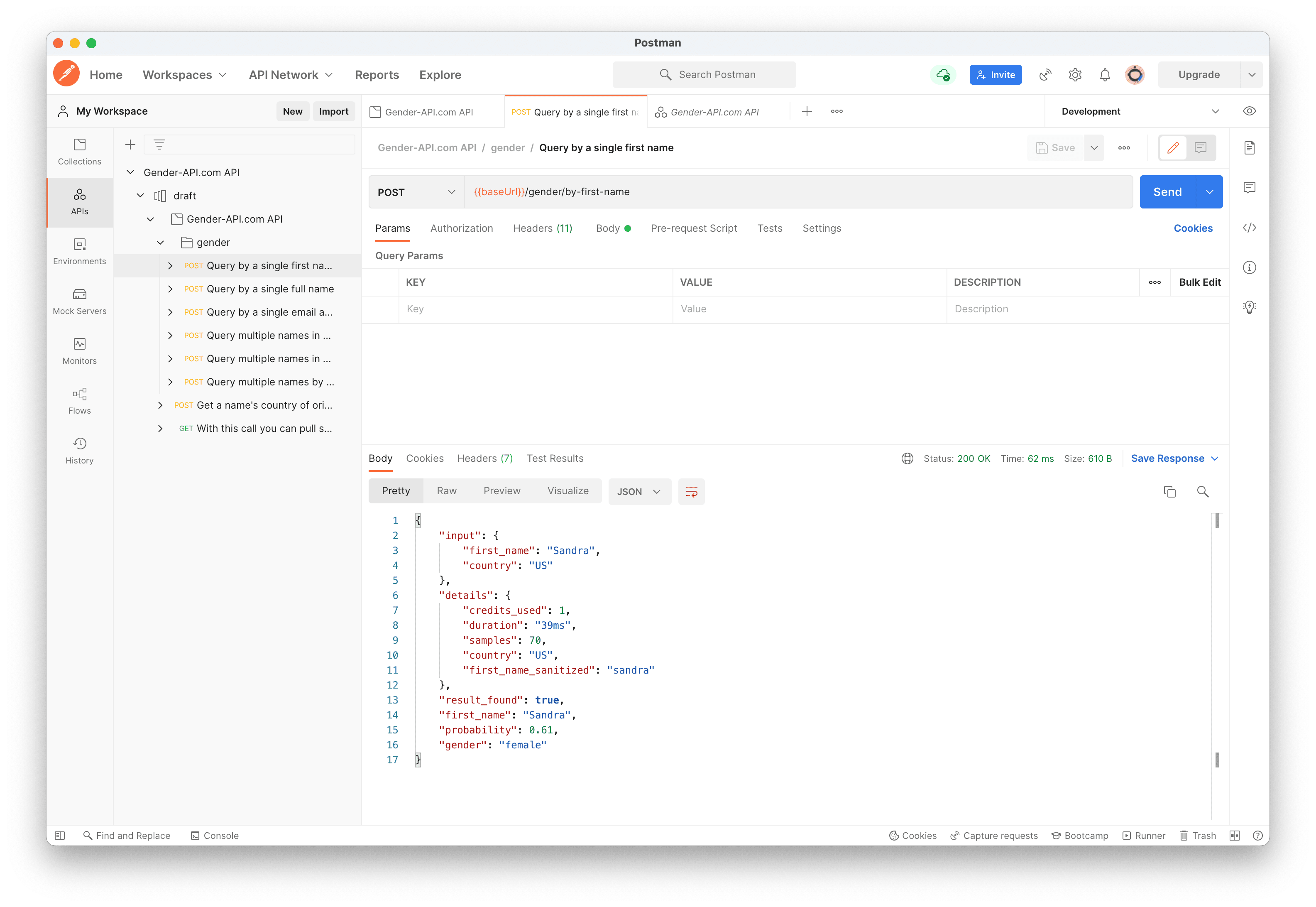 Importes notre définition d'API dans Postman Gender API détermine le sexe de ton client sur