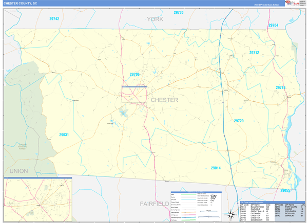 Chester County, SC Zip Code Wall Map Basic Style by MarketMAPS