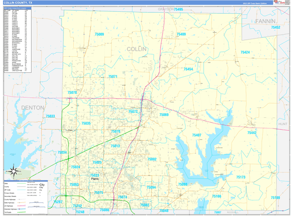 Collin County Zip Code Map Collin County, TX Zip Code Wall Map Basic Style by MarketMAPS MapSales