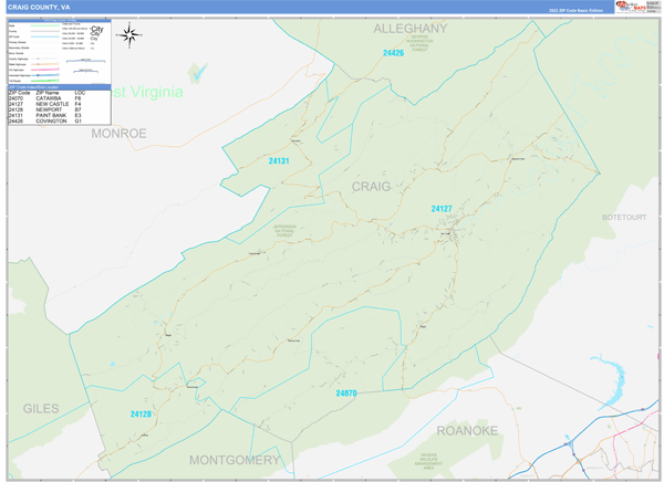 Craig County, VA Zip Code Wall Map Basic Style by MarketMAPS