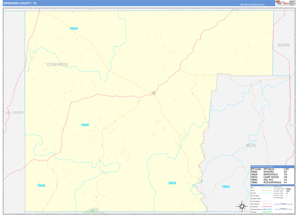 Edwards County, TX Zip Code Wall Map Basic Style by MarketMAPS