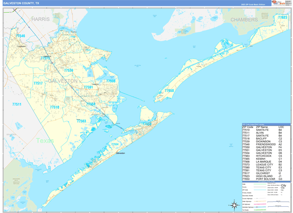 Galveston County, TX Zip Code Wall Map Basic Style by MarketMAPS