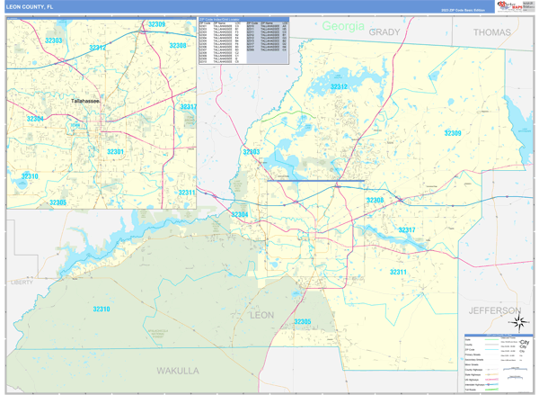 Leon County, FL Zip Code Wall Map Basic Style by MarketMAPS
