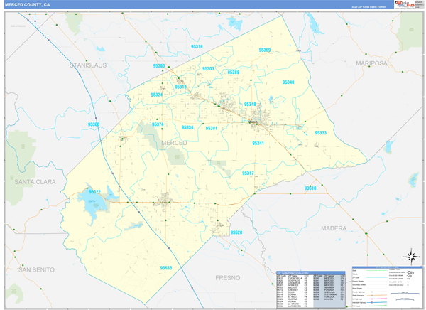Merced County, CA Zip Code Wall Map Basic Style by MarketMAPS