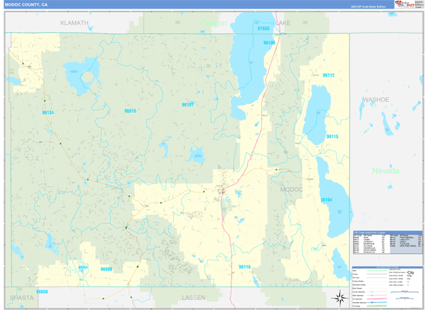 Modoc County, CA Zip Code Wall Map Basic Style by MarketMAPS