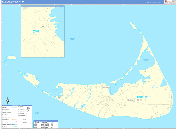 Nantucket County, MA Zip Code Wall Map Basic Style by MarketMAPS