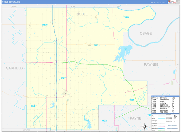 Noble County, OK Zip Code Wall Map Basic Style by MarketMAPS