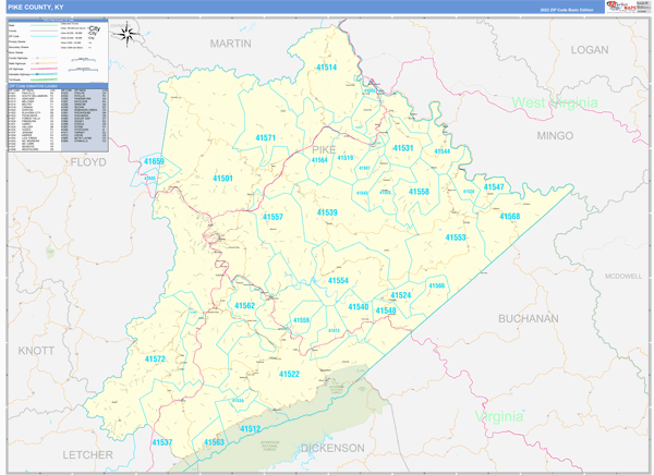 Pike County, KY Zip Code Wall Map Basic Style by MarketMAPS