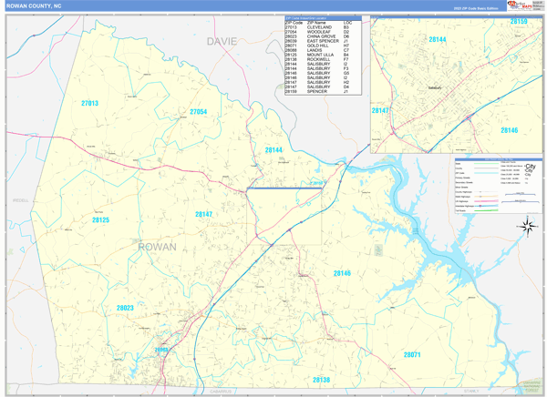 Rowan County, NC Zip Code Wall Map Basic Style by MarketMAPS