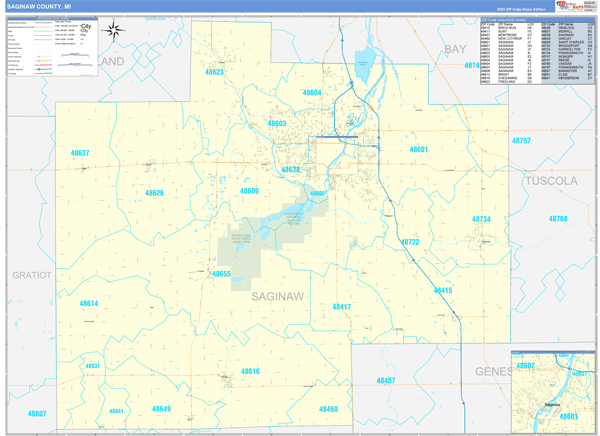 Saginaw County. MI Zip Code Wall Map Basic Style by MarketMAPS
