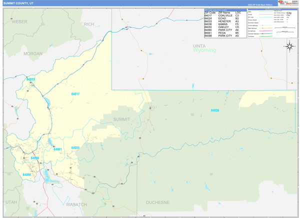 Summit County Zip Code Map Summit County, UT Zip Code Wall Map Basic Style by MarketMAPS MapSales