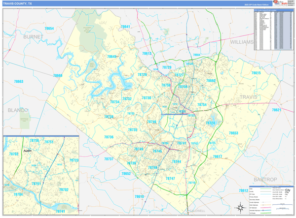 Travis County Line Map Travis County, TX Zip Code Wall Map Basic Style by MarketMAPS MapSales