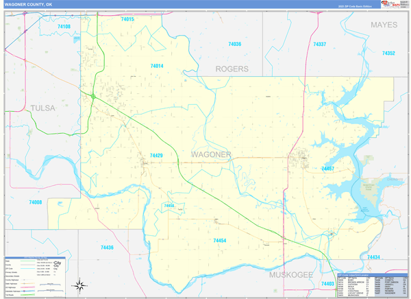 Wagoner County, OK Zip Code Wall Map Basic Style by MarketMAPS
