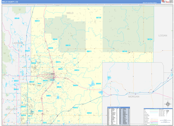 Weld County, CO Zip Code Wall Map Basic Style by MarketMAPS
