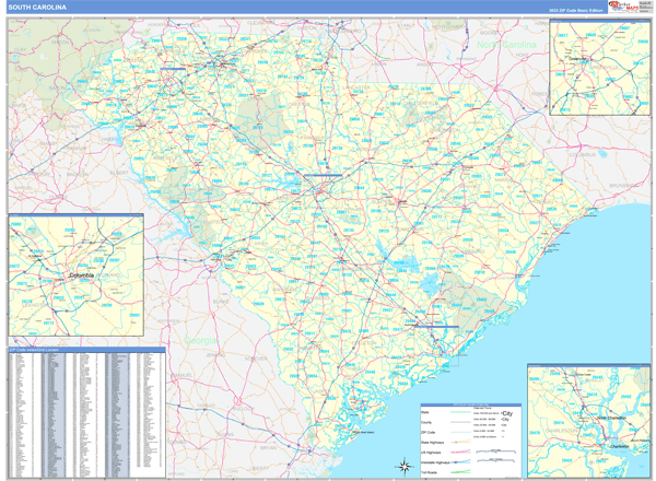 South Carolina Zip Code Wall Map Basic Style by MarketMAPS