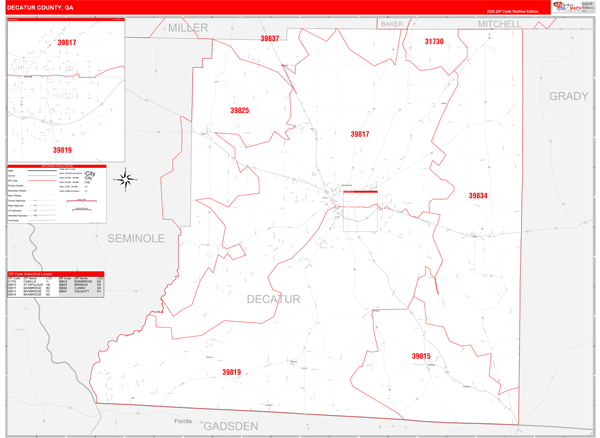 Decatur County, GA Zip Code Wall Map Red Line Style by MarketMAPS