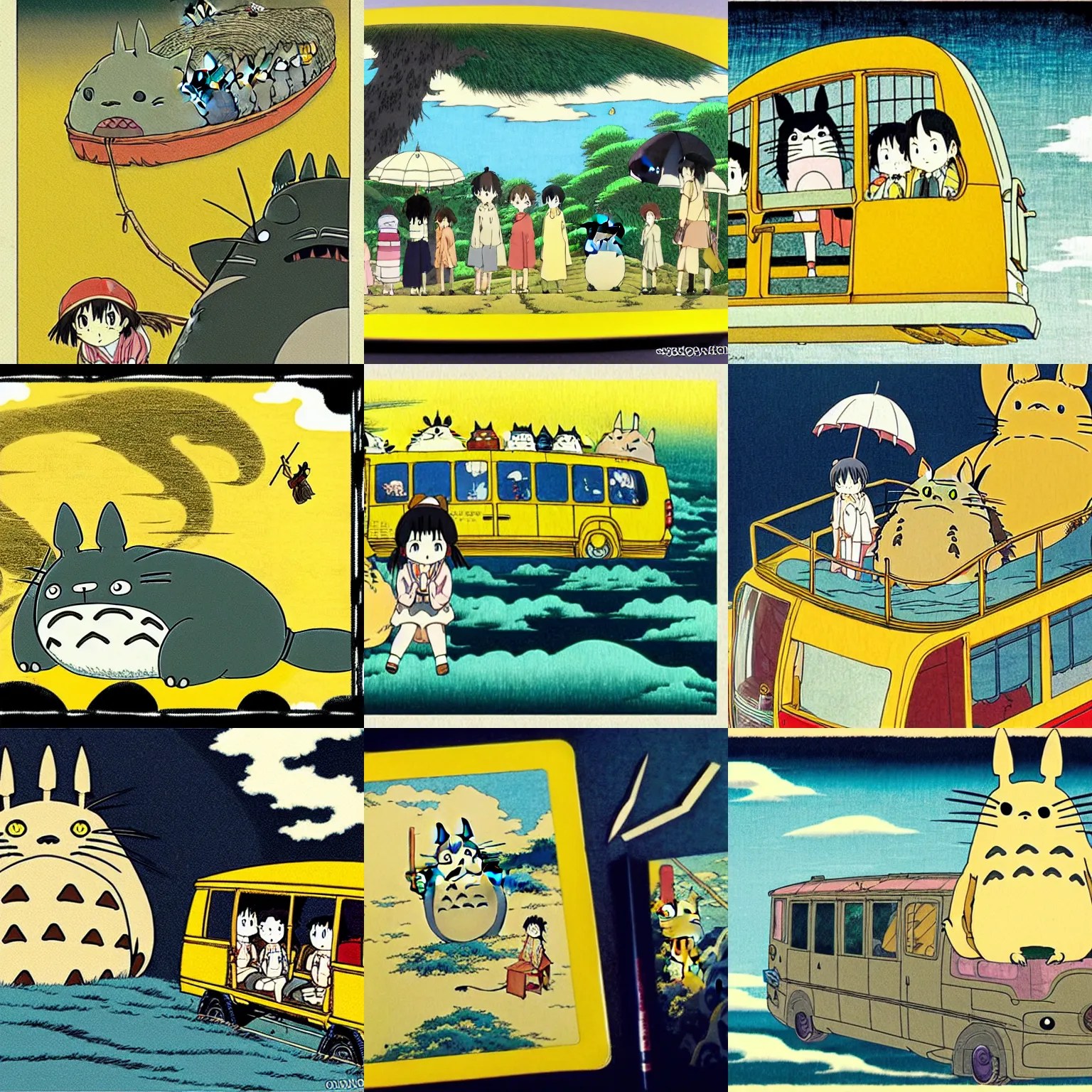 KREA anime scene from totoro, harry potter inside yellow cat bus, in