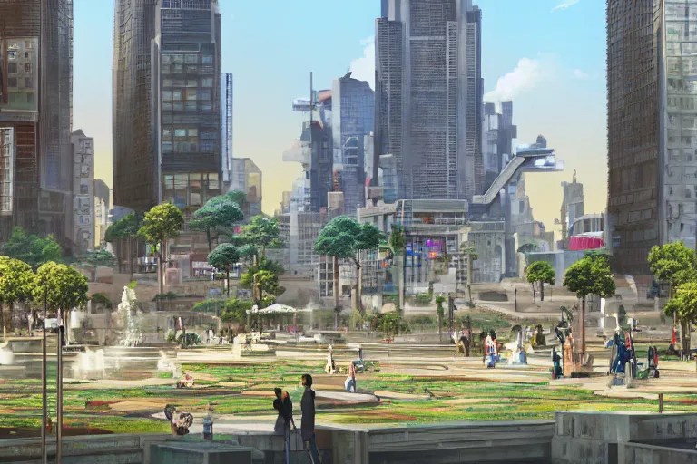 KREA plaza with water fountains, neo tokyo, futuristic and