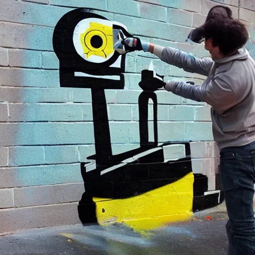 KREA a robot spray painting a brain half tone pattern on a wall