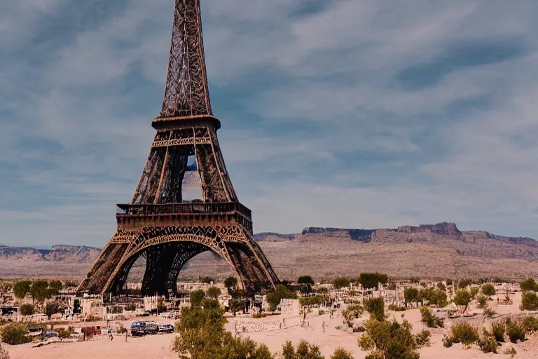KREA nature photography of the eiffel tower in the nevada desert, award winning, digital