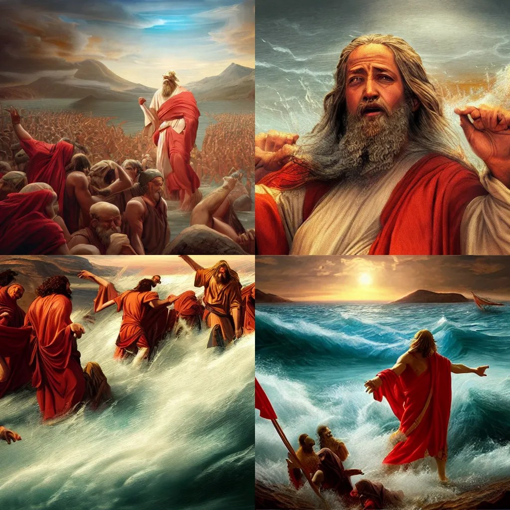 KREA illustration of Moses parting the Red Sea, realistic painting