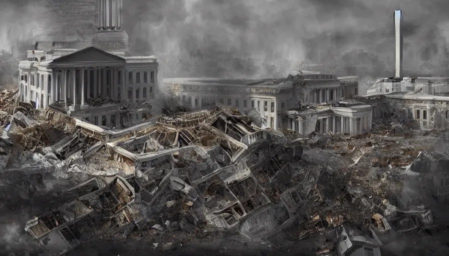 KREA destroyed washington dc with damaged collapsed buildings, debris, ruins, white house